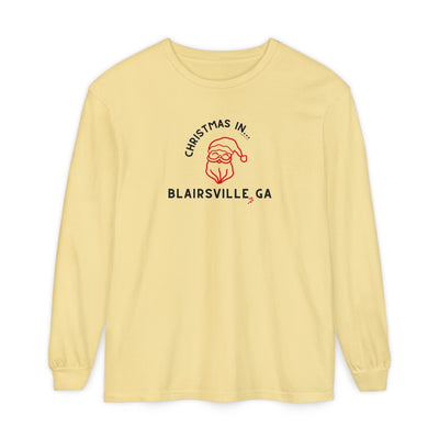 Yellow long-sleeve Comfort Colors t-shirt with Santa graphic and text "Christmas in Blairsville, GA"