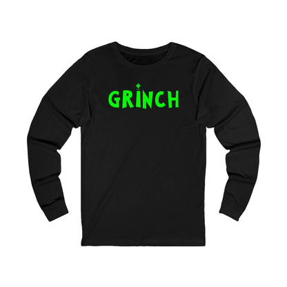 Black long-sleeve shirt with 'GRINCH' in green text on a white background