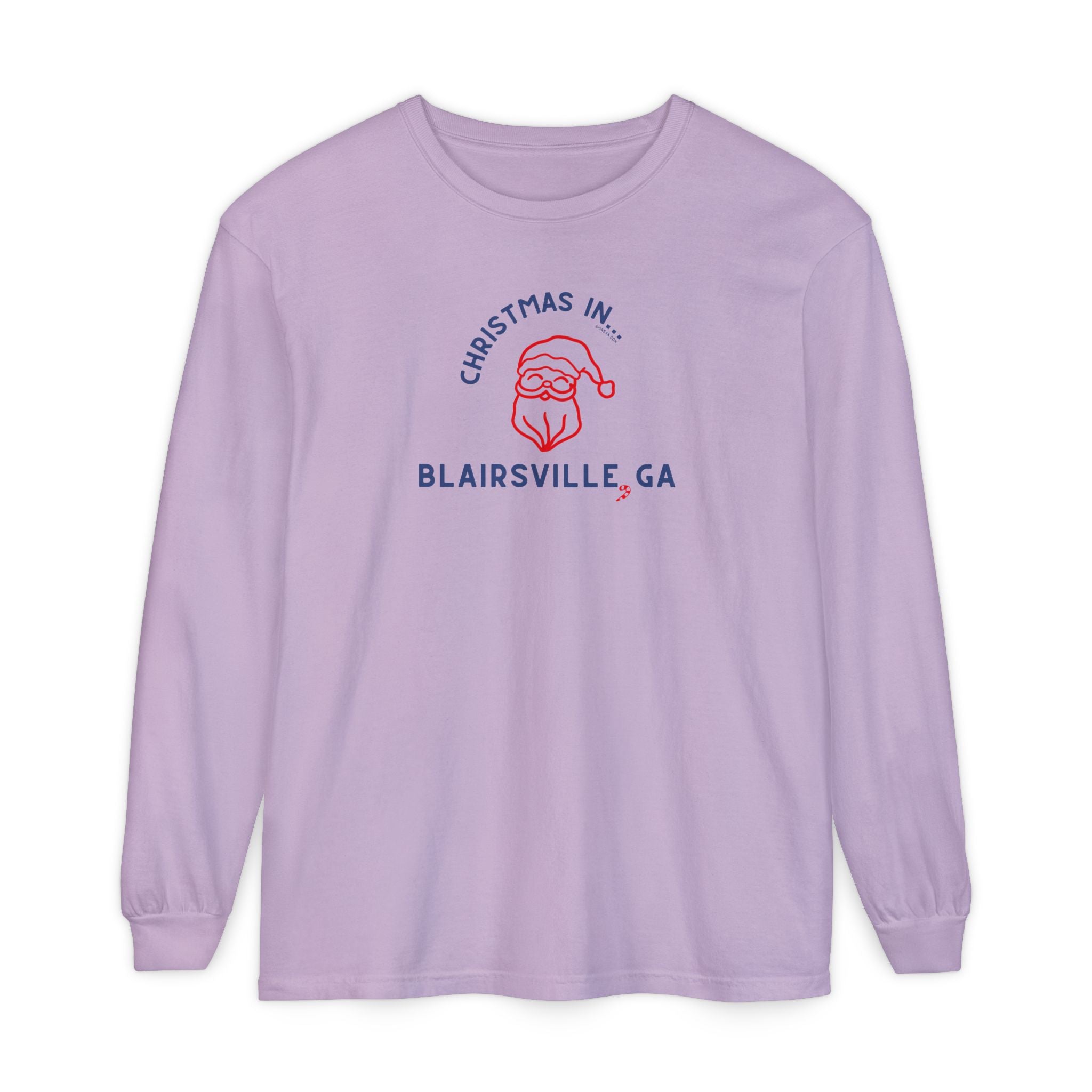 Purple long-sleeve Comfort Colors t-shirt with Santa graphic and text "Christmas in Blairsville, GA"