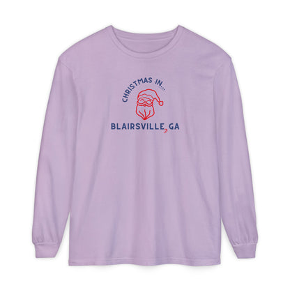 Purple long-sleeve Comfort Colors t-shirt with Santa graphic and text "Christmas in Blairsville, GA"