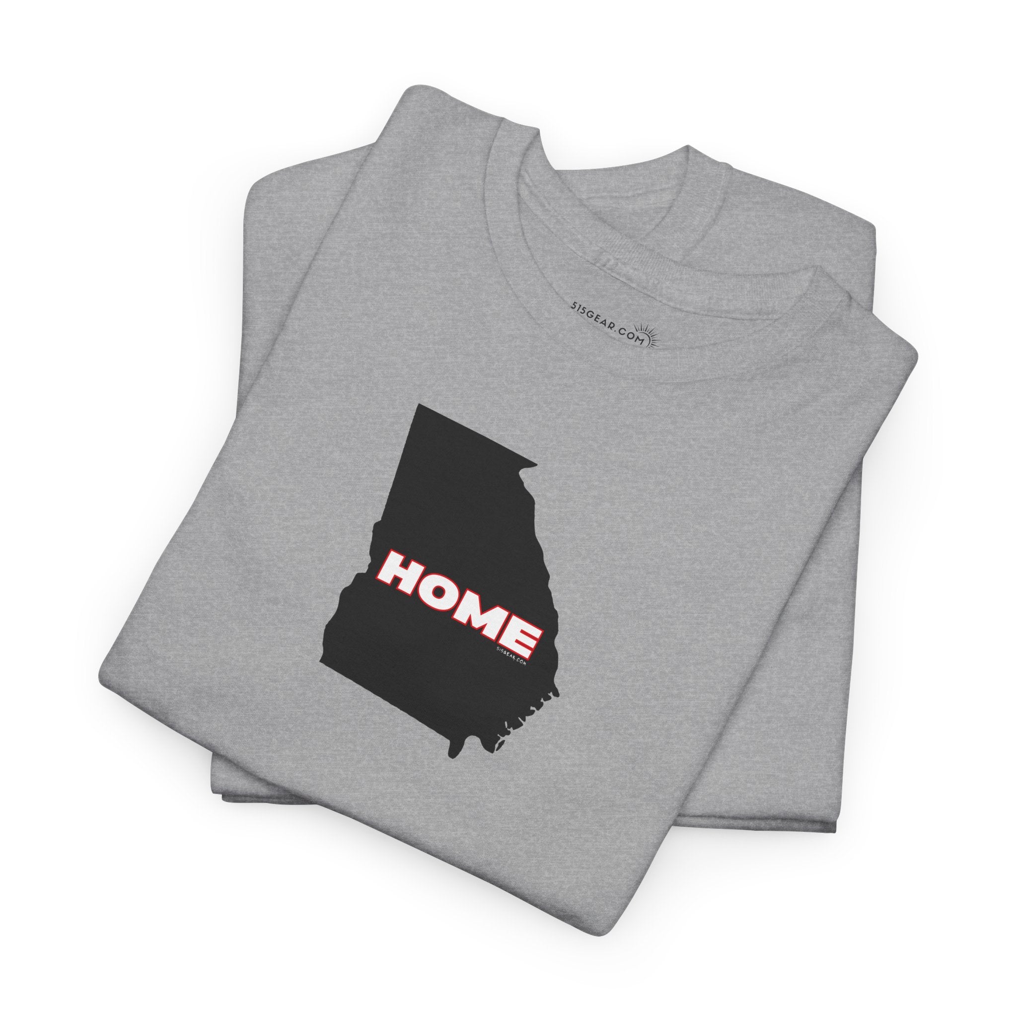 Folded gray unisex short-sleeve Georgia pride tee in school colors; State of Georgia graphic with text 'HOME'