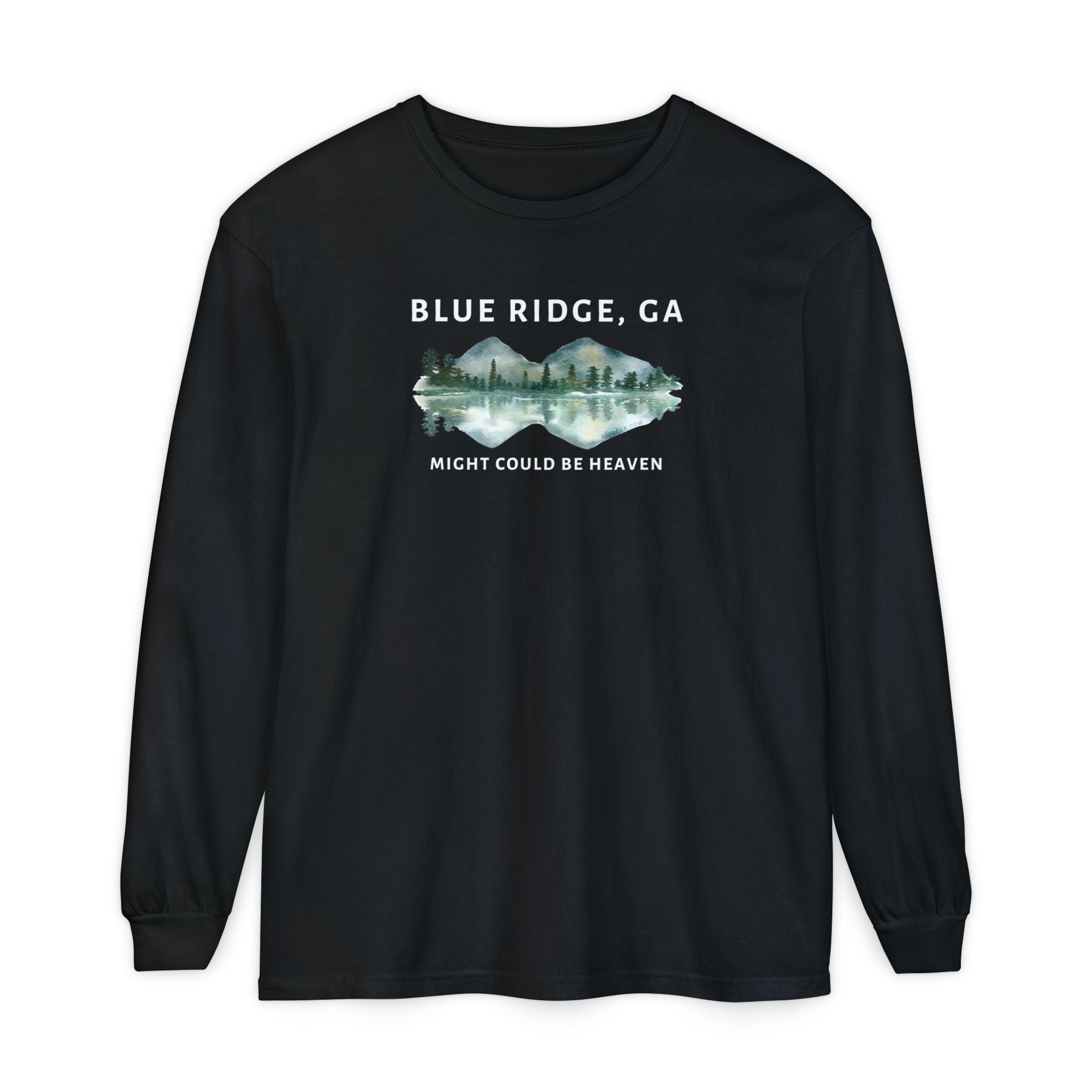 Black Comfort Colors long-sleeve shirt with 'Blue Ridge, GA - Might Could Be Heaven" text and Mountain & Lake graphic