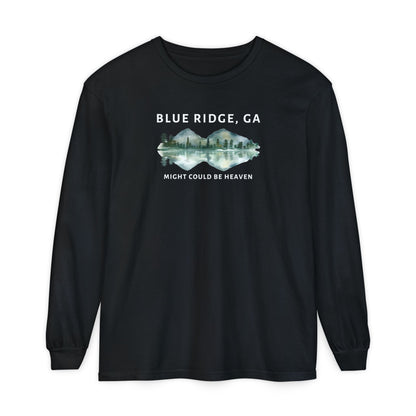 Black Comfort Colors long-sleeve shirt with 'Blue Ridge, GA - Might Could Be Heaven" text and Mountain & Lake graphic