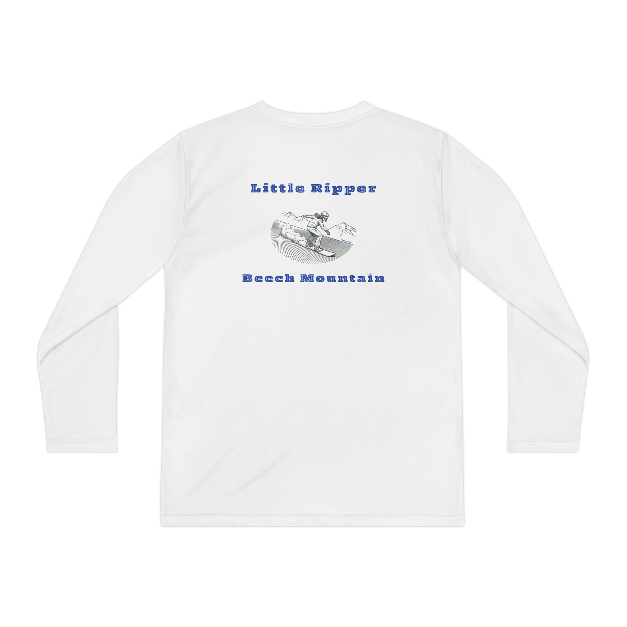 White long-sleeve performance t-shirt text "Little Ripper – Beech Mountain... Vertical Drop 830 ft" with snowboard graphic