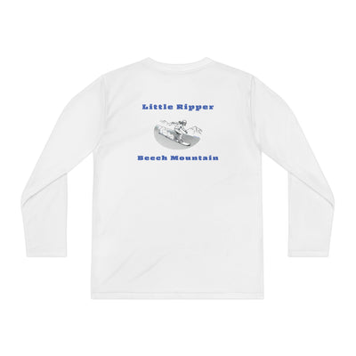 White long-sleeve performance t-shirt text "Little Ripper – Beech Mountain... Vertical Drop 830 ft" with snowboard graphic