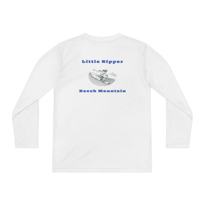 White long-sleeve performance t-shirt text "Little Ripper – Beech Mountain... Vertical Drop 830 ft" with snowboard graphic