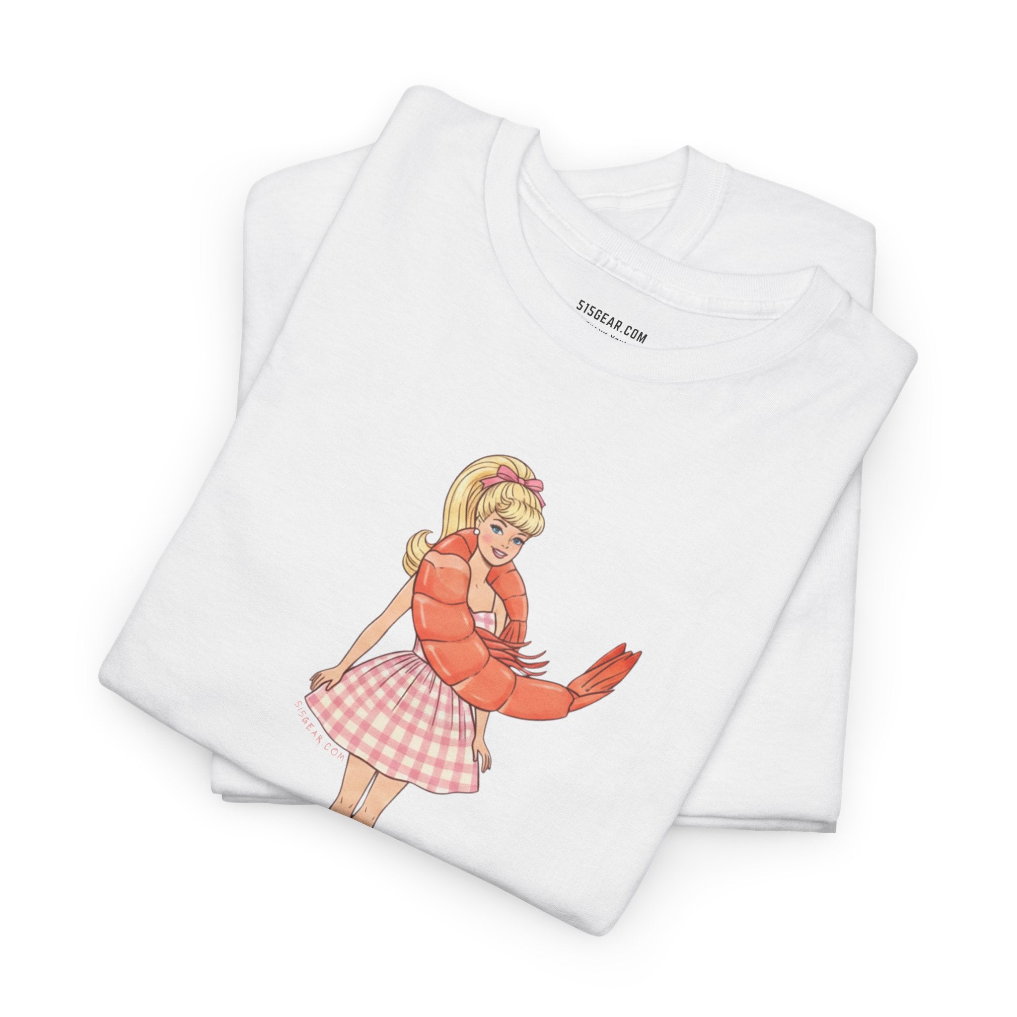 White unisex Gildan 100% cotton tee with Barbie wearing a shrimp graphic as a "Shrimp on the Barbie" pun