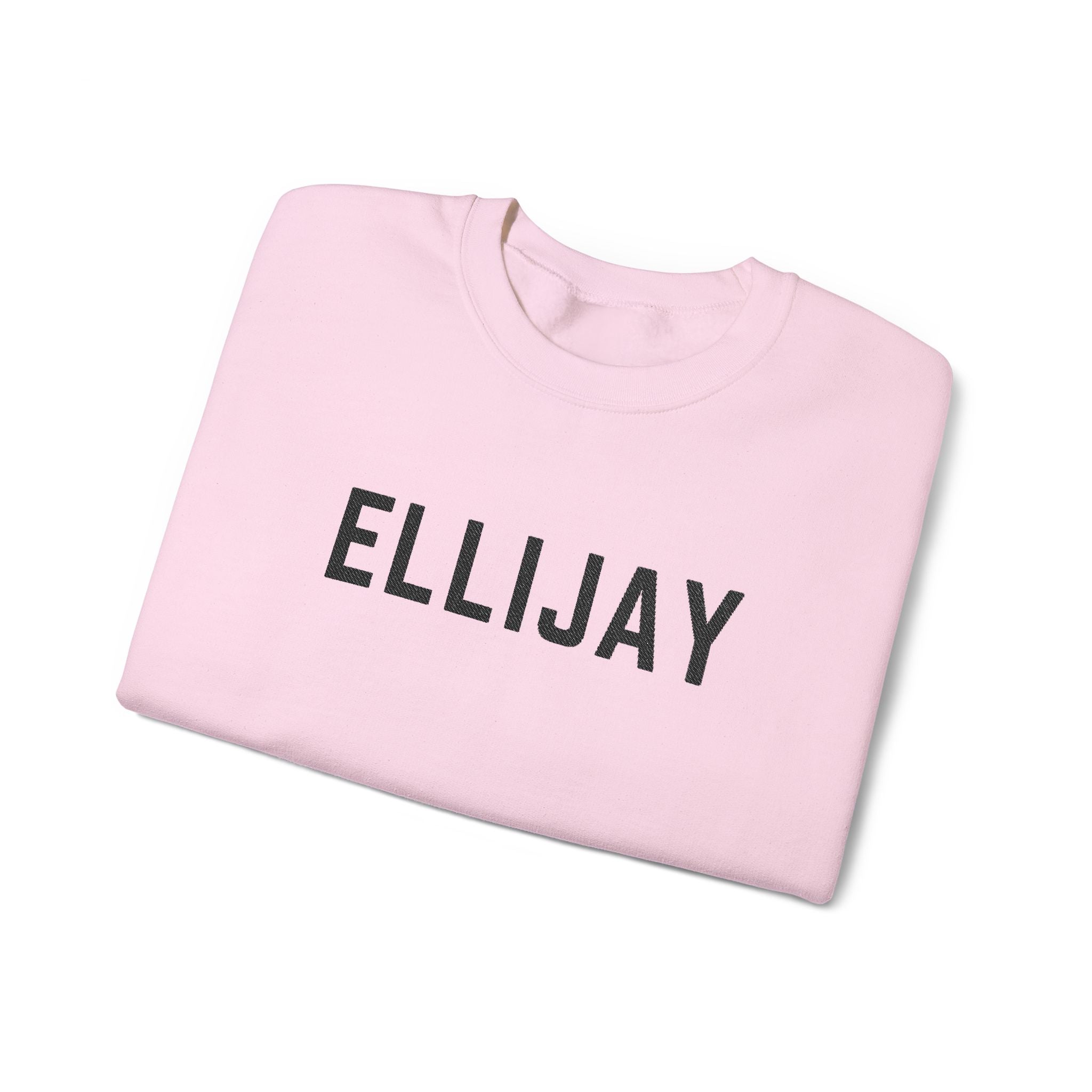 Folded pink sweatshirt with 'ELLIJAY' embroidered on a white background
