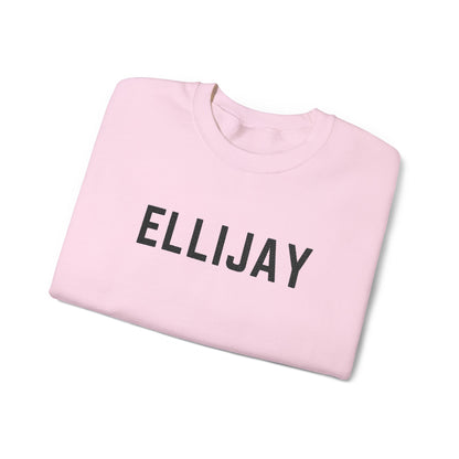 Folded pink sweatshirt with 'ELLIJAY' embroidered on a white background