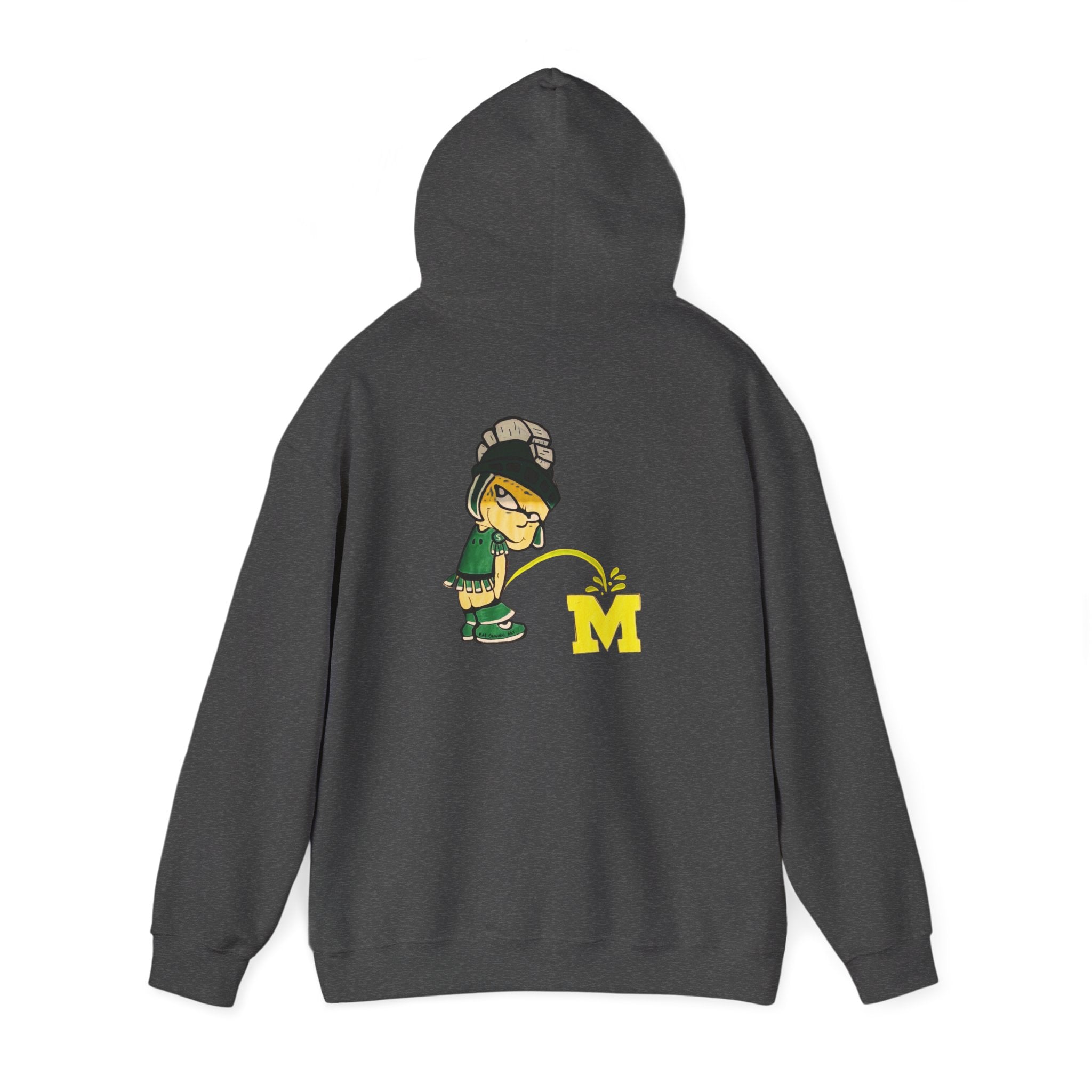 Gray hoodie with Sparty cartoon character peeing on a block M