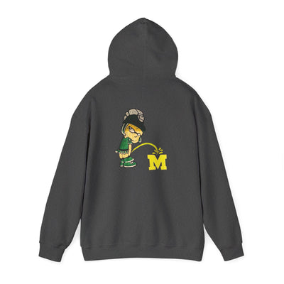 Gray hoodie with Sparty cartoon character peeing on a block M