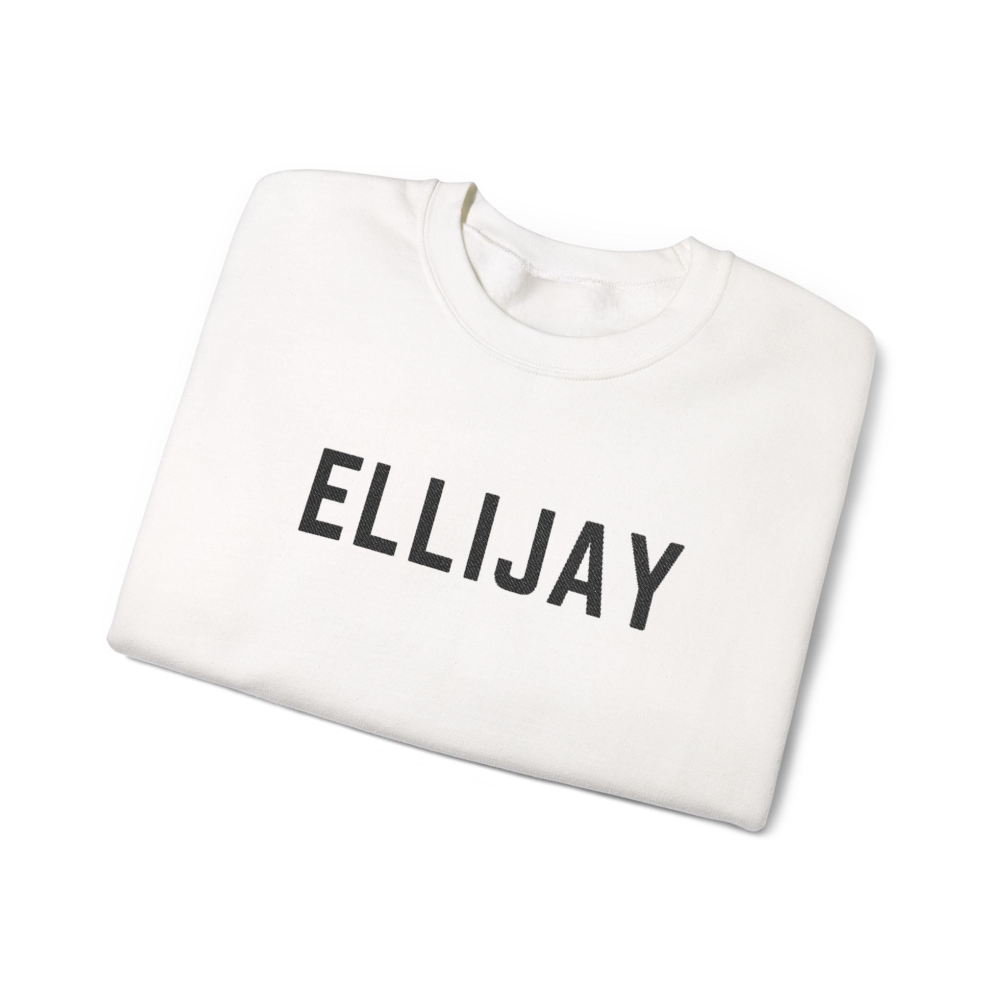White sweatshirt with 'ELLIJAY' embroidered in black