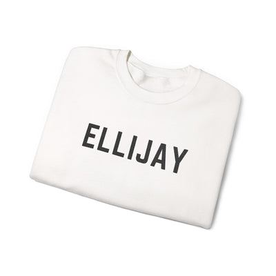 White sweatshirt with 'ELLIJAY' embroidered in black