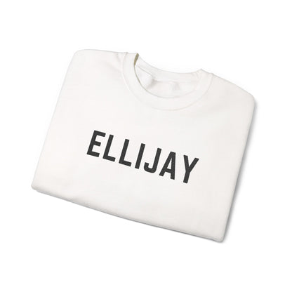 White sweatshirt with 'ELLIJAY' embroidered in black