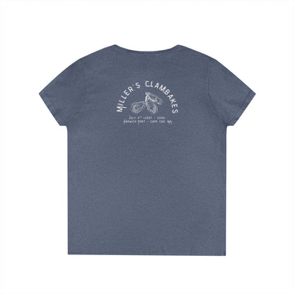 Blue v-neck t-shirt with Oyster shell graphic and text Miller's Clambakes on the back