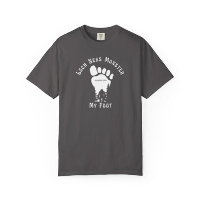 Comfort Colors grey t-shirt with black graphic of a foot with Big Foot inside and text "Loch Ness Monster My Foot" by 515Gear.com