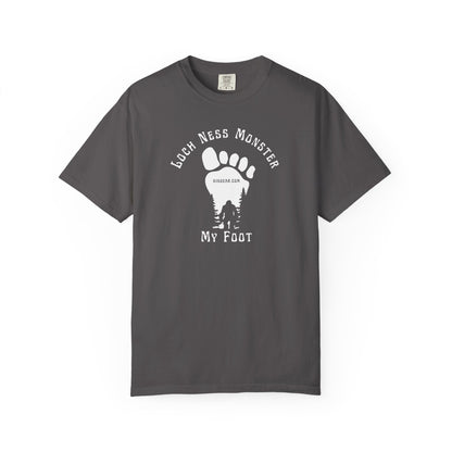 Comfort Colors grey t-shirt with black graphic of a foot with Big Foot inside and text "Loch Ness Monster My Foot" by 515Gear.com