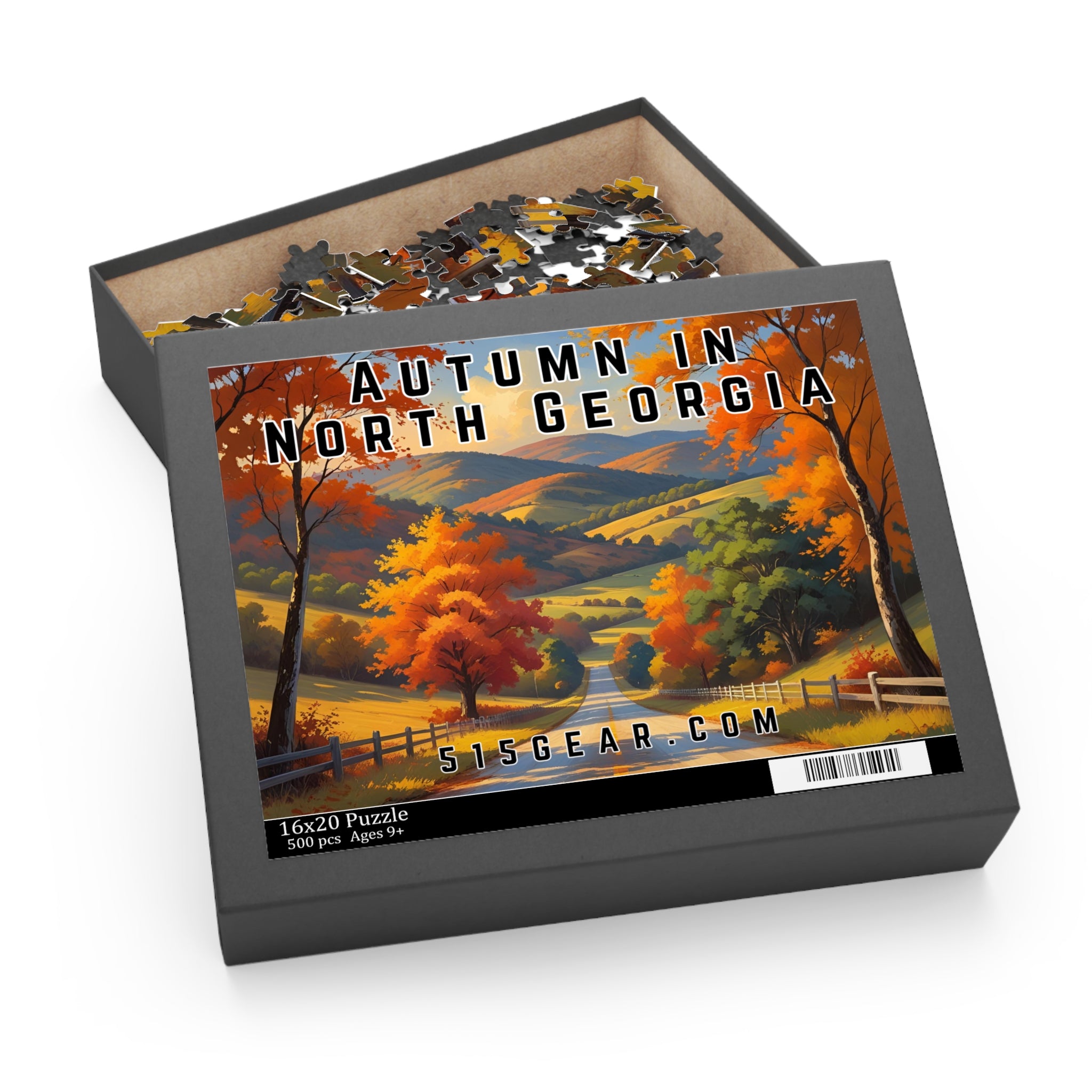 Puzzle of a scenic landscape with autumn trees and mountains, featuring text 'Autumn in North Georgia' from 515Gear.com
