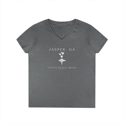 Dark grey v-neck t-shirt with stylish woman in a dress and fancy southern hat and text "Jasper, GA. - Little Black Dress" 
