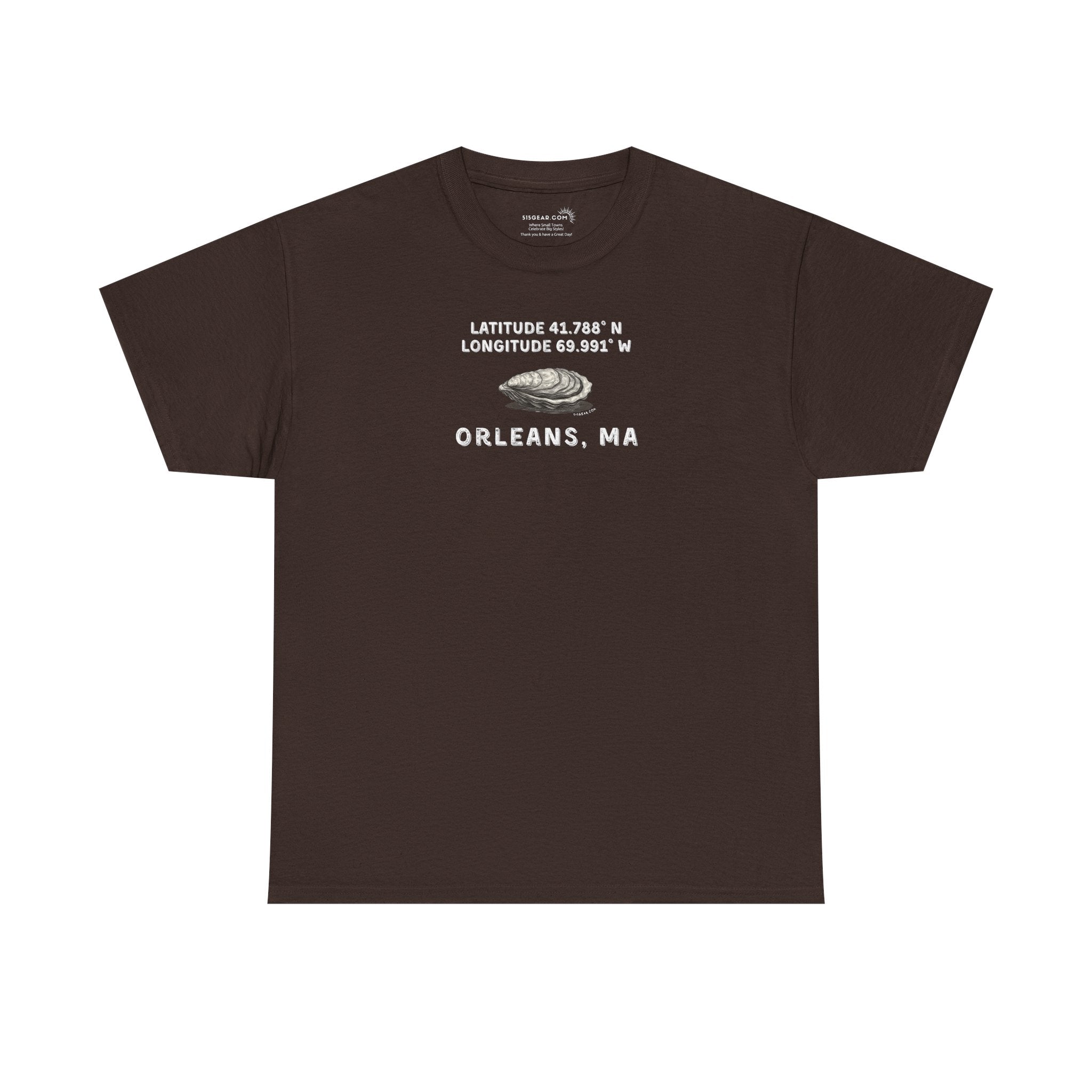 Brown t-shirt with oyster graphic and rustic text "Latitude 41.788 N, Longitude 69.991 W - Orleans, MA" 