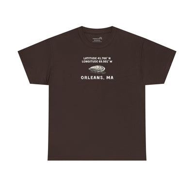 Brown t-shirt with oyster graphic and rustic text "Latitude 41.788 N, Longitude 69.991 W - Orleans, MA" 