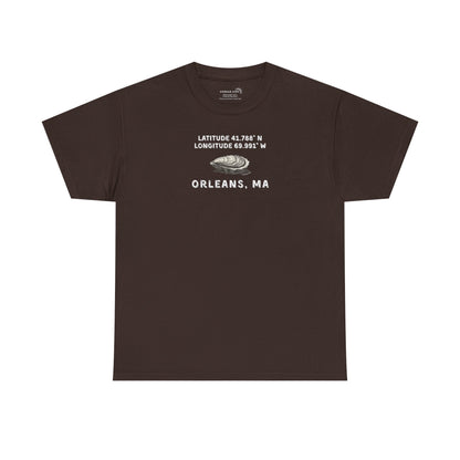 Brown t-shirt with oyster graphic and rustic text "Latitude 41.788 N, Longitude 69.991 W - Orleans, MA" 