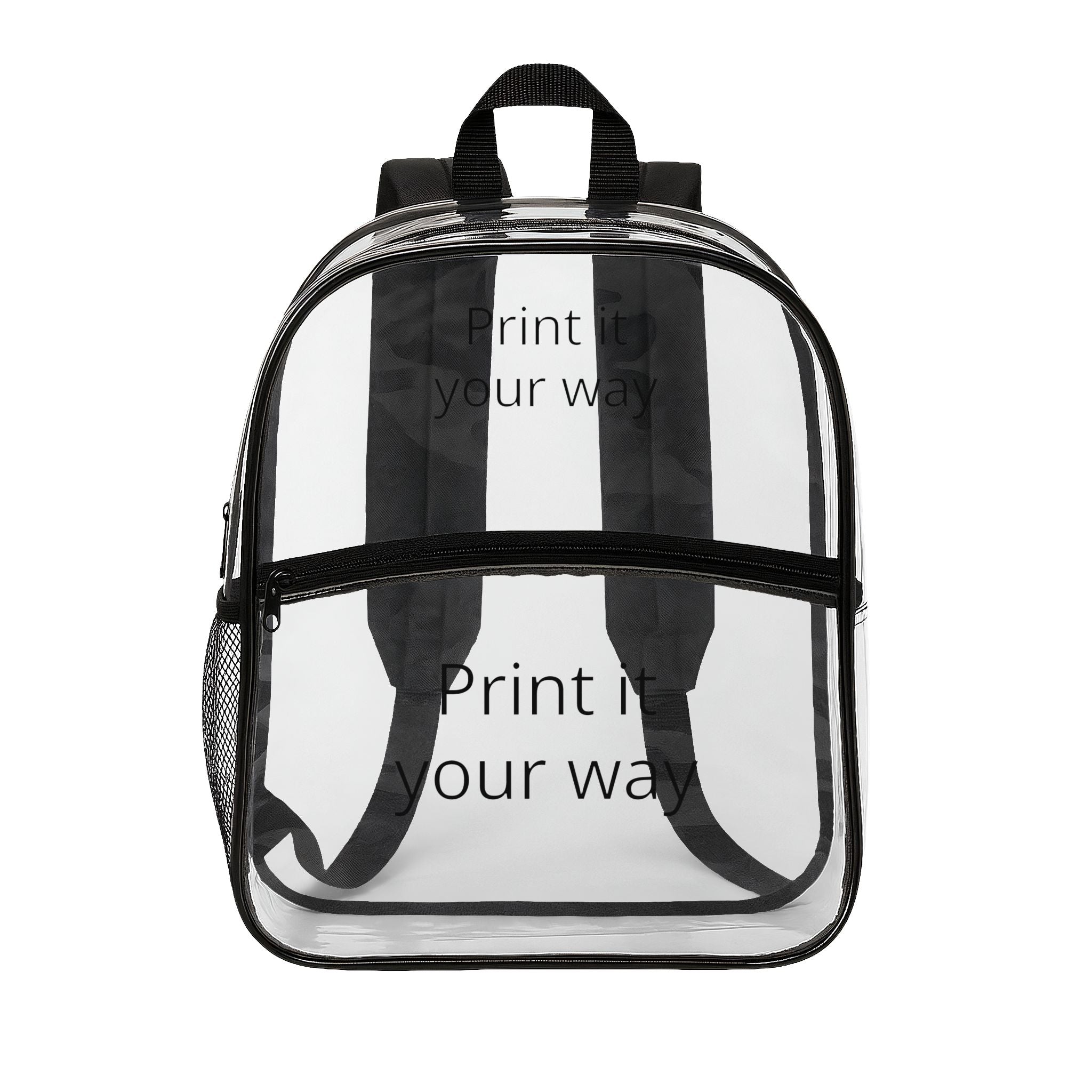 Clear customizable concert backpack with black straps and text on a white background