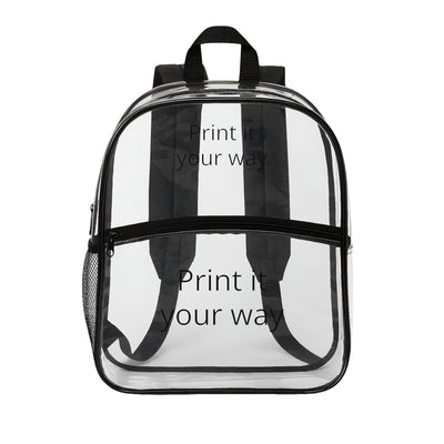 Clear customizable concert backpack with black straps and text on a white background
