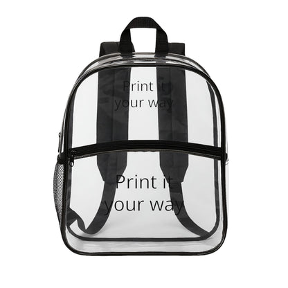 Clear customizable concert backpack with black straps and text on a white background