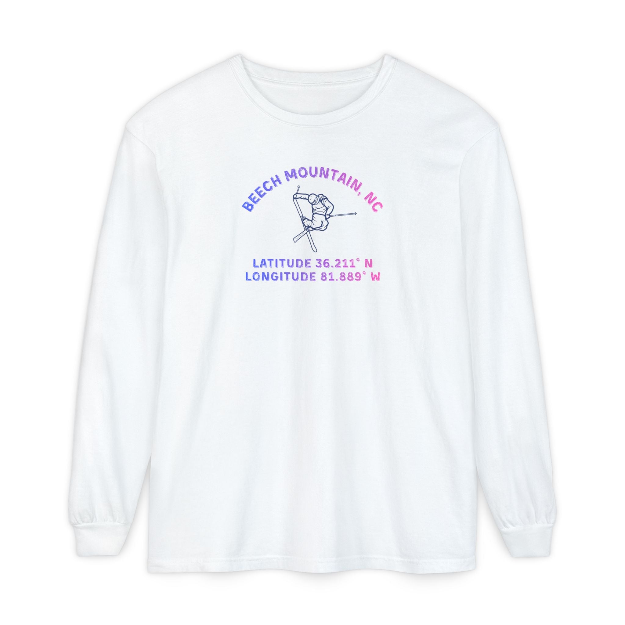 White long sleeve tee with skier doing an iron cross jump mid-air and text 'Beech Mountain, NC Latitude 36.211' N Longitude 81.889' W