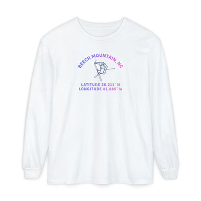 White long sleeve tee with skier doing an iron cross jump mid-air and text 'Beech Mountain, NC Latitude 36.211' N Longitude 81.889' W