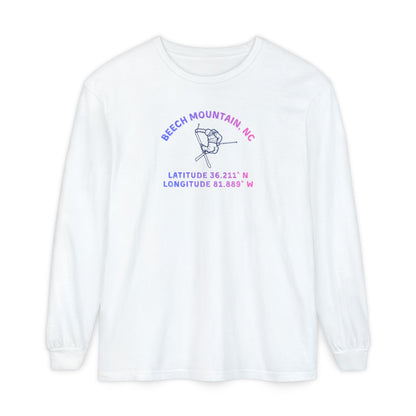 White long sleeve tee with skier doing an iron cross jump mid-air and text 'Beech Mountain, NC Latitude 36.211' N Longitude 81.889' W