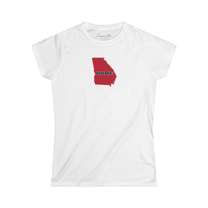 White Women's Semi-fitted v-neck Tee, 100% cotton with State of Georgia graphic and text "Home" in Georgia Bulldog colors