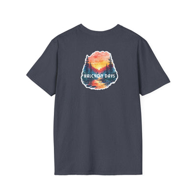 Navy blue Gildan Softstyle t-shirt with text "Halcyon Days" and mountain river graphic