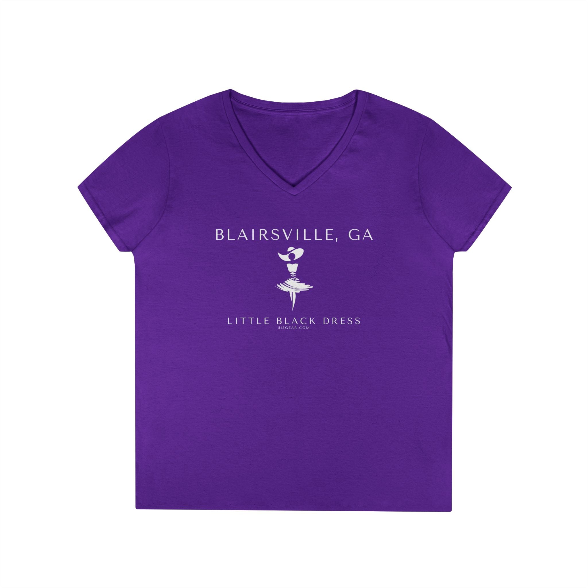 Purple v-neck t-shirt with stylish woman in a dress and fancy southern hat and text "Blairsville, GA. - Little Black Dress" 