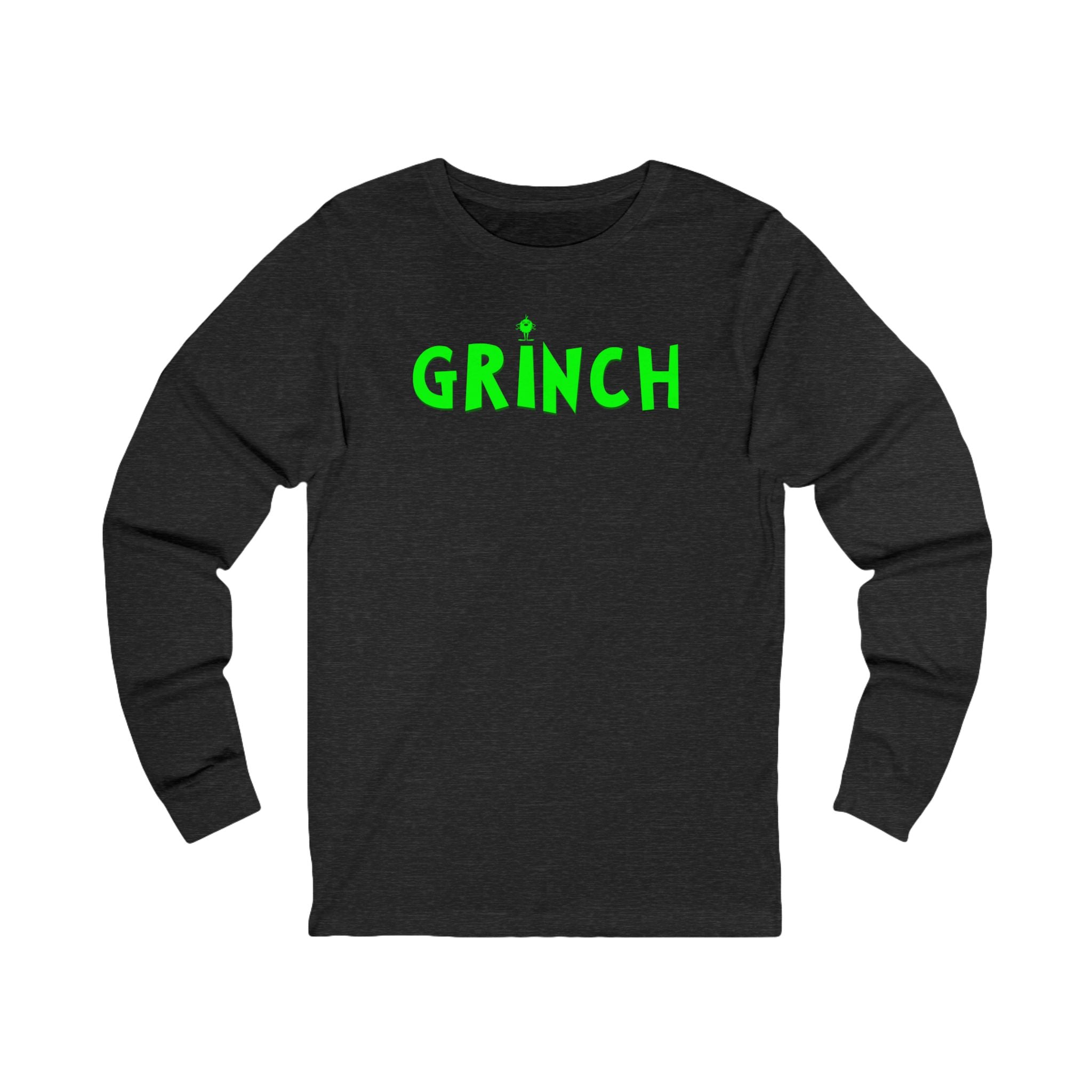 Black long-sleeve shirt with 'GRINCH' in green text on a white background