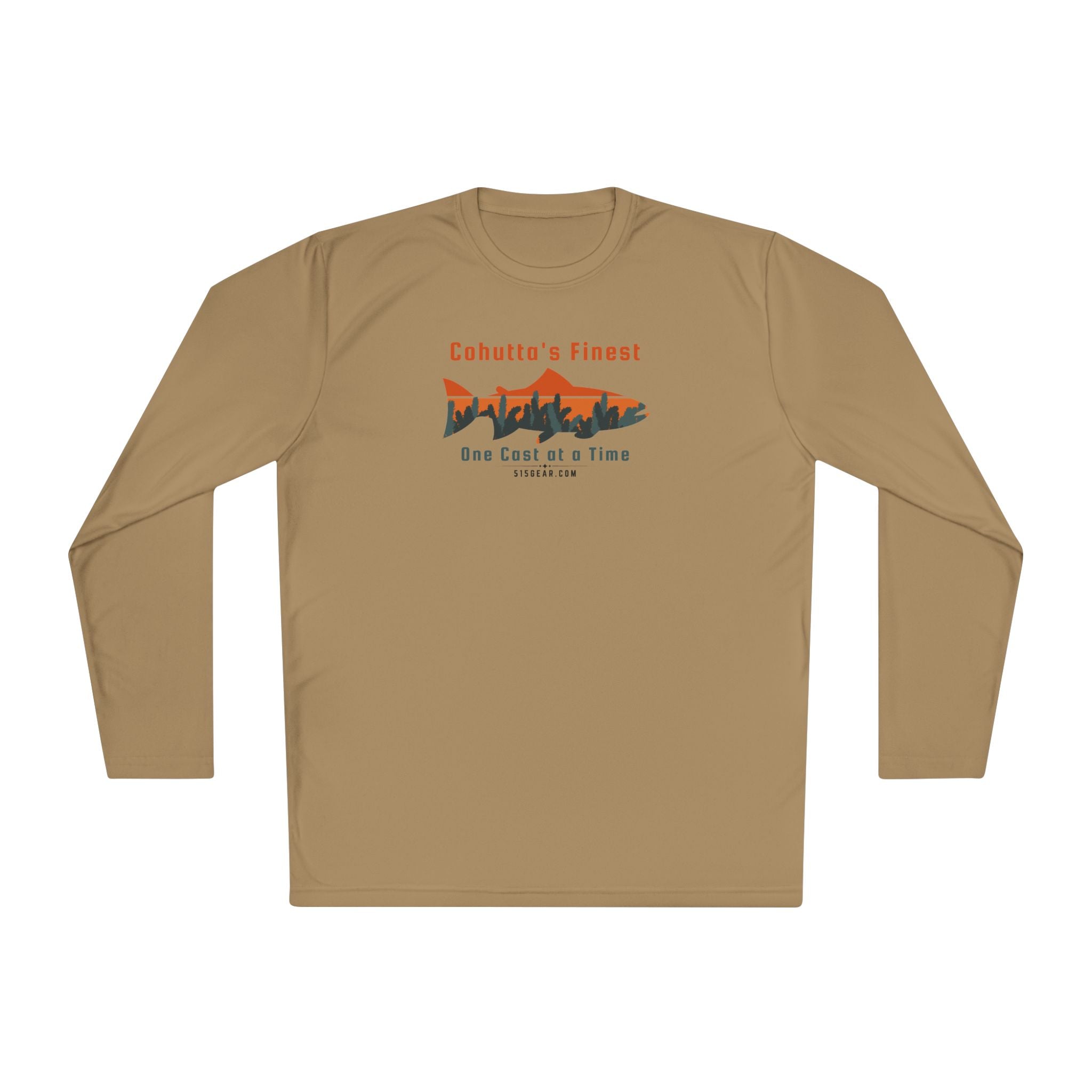 Sandstone long-sleeve performance moisture wicking t-shirt with fishing theme saying Cohutta's Finest One Cast at a Time by 515Gear.com