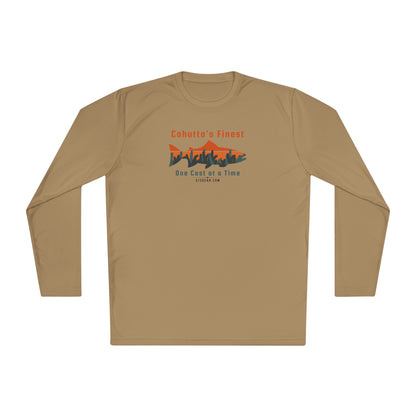 Sandstone long-sleeve performance moisture wicking t-shirt with fishing theme saying Cohutta's Finest One Cast at a Time by 515Gear.com
