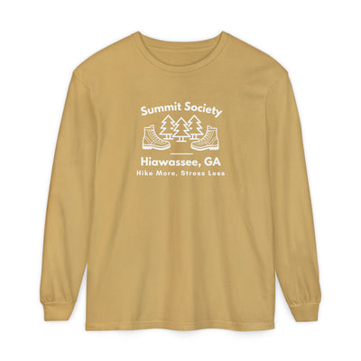 Long-sleeve t-shirt, 'Summit Society Hiawassee, GA Hike More, Stress Less' printed on the front.