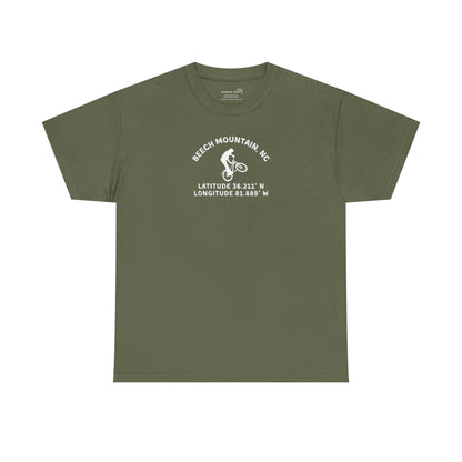 Green t-shirt with mountain bike graphic and text "Beech Mountain, NC" along with Latitude and Longitude" coordinates