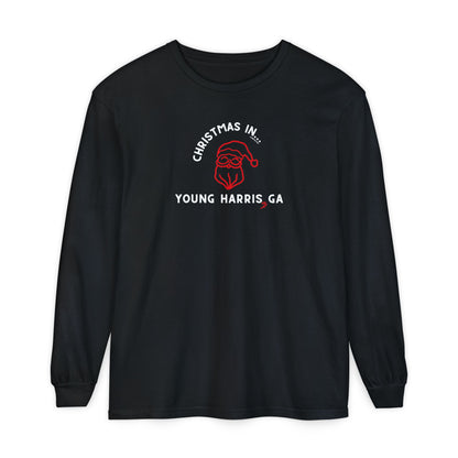 Black long-sleeve unisex Comfort Colors t-shirt with Christmas graphic and text "Christmas in Young Harris, GA"