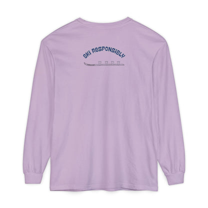 Purple long-sleeve shirt with 'Ski Responsibly' text and shotski graphic