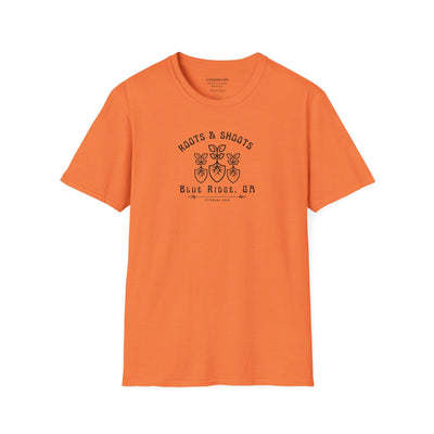 unisex adult T-shirt, Roots & Shoots, Garden shovel root leaf graphic, by 515Gear.com | Blue Ridge, GA | celebrate gardening