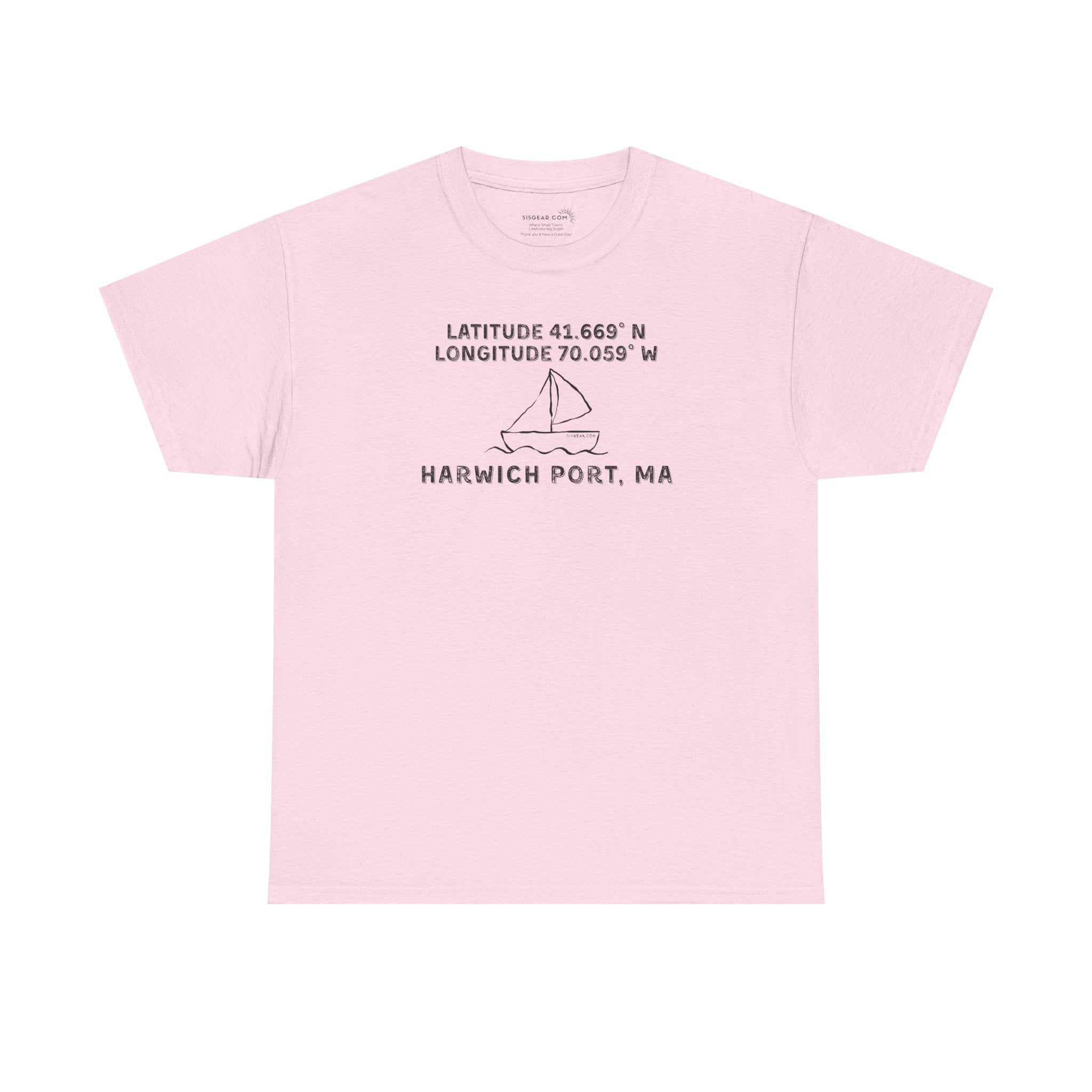 Pink t-shirt with text "Latitude 41.669 N Longitude 70.058 W - Harwich Port, MA" and sailboat graphic