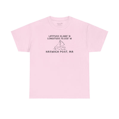 Pink t-shirt with text "Latitude 41.669 N Longitude 70.058 W - Harwich Port, MA" and sailboat graphic
