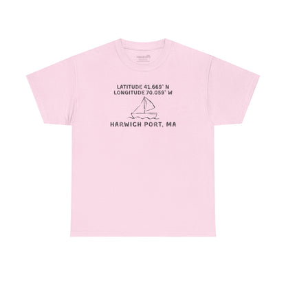 Pink t-shirt with text "Latitude 41.669 N Longitude 70.058 W - Harwich Port, MA" and sailboat graphic
