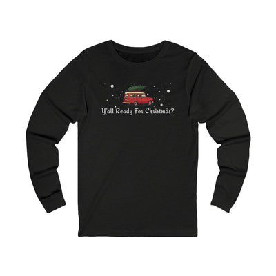 Black long-sleeve shirt with Christmas-themed design and text "Y'All Ready For Christmas?"