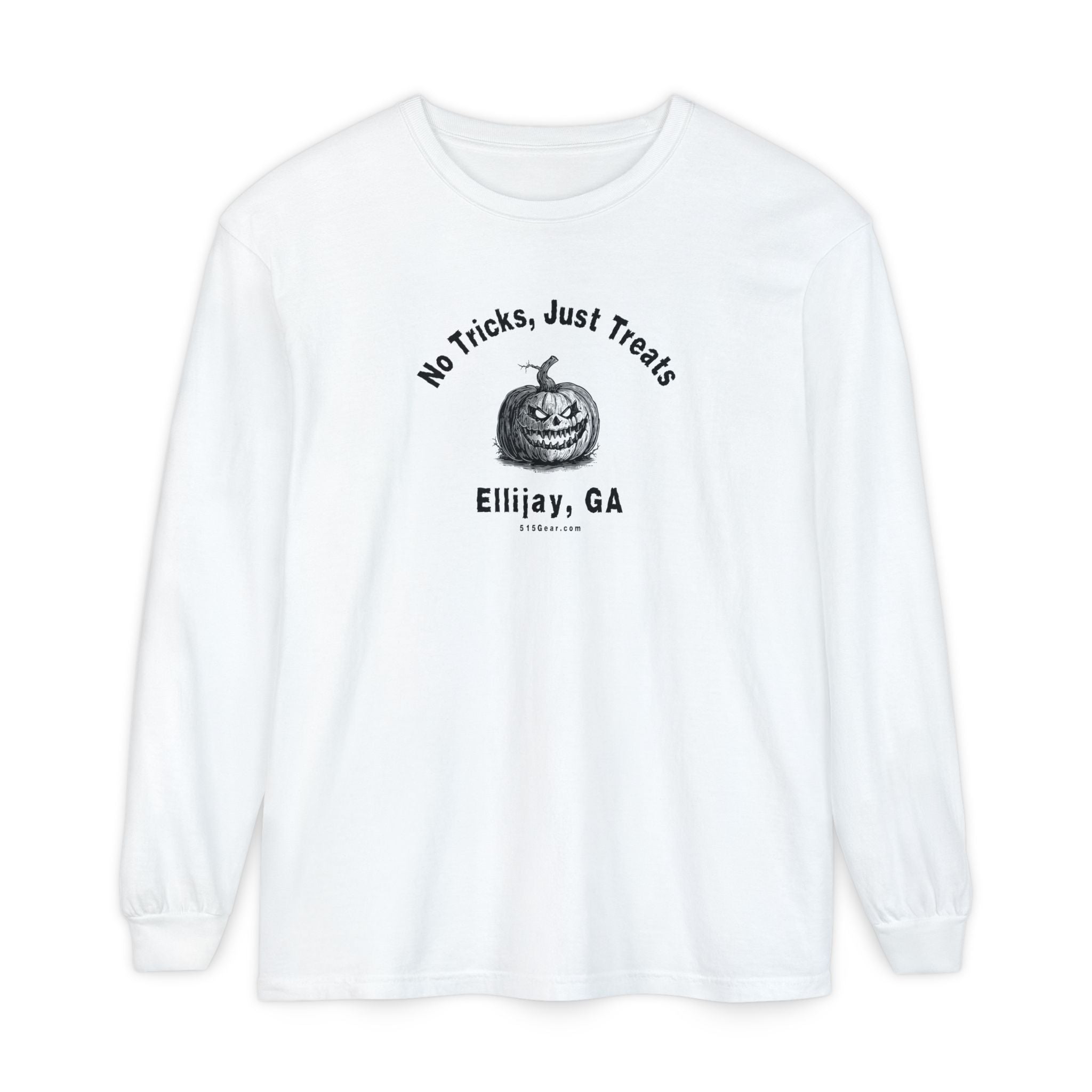 "No Tricks, Just Treats" Ellijay, GA Garment-dyed Long Sleeve T-Shirt