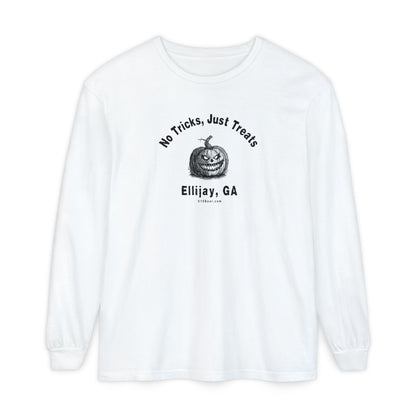 White comfort colors long sleeve tee with Halloween-themed design "No Tricks, Just Treats - Ellijay, GA" by 515Gear.com