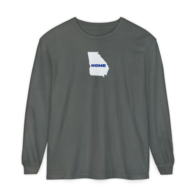 Gray Comfort Colors unisex heavy weight 100% cotton Georgia pride long-sleeve tee in school colors; State of Georgia graphic with text 'HOME'